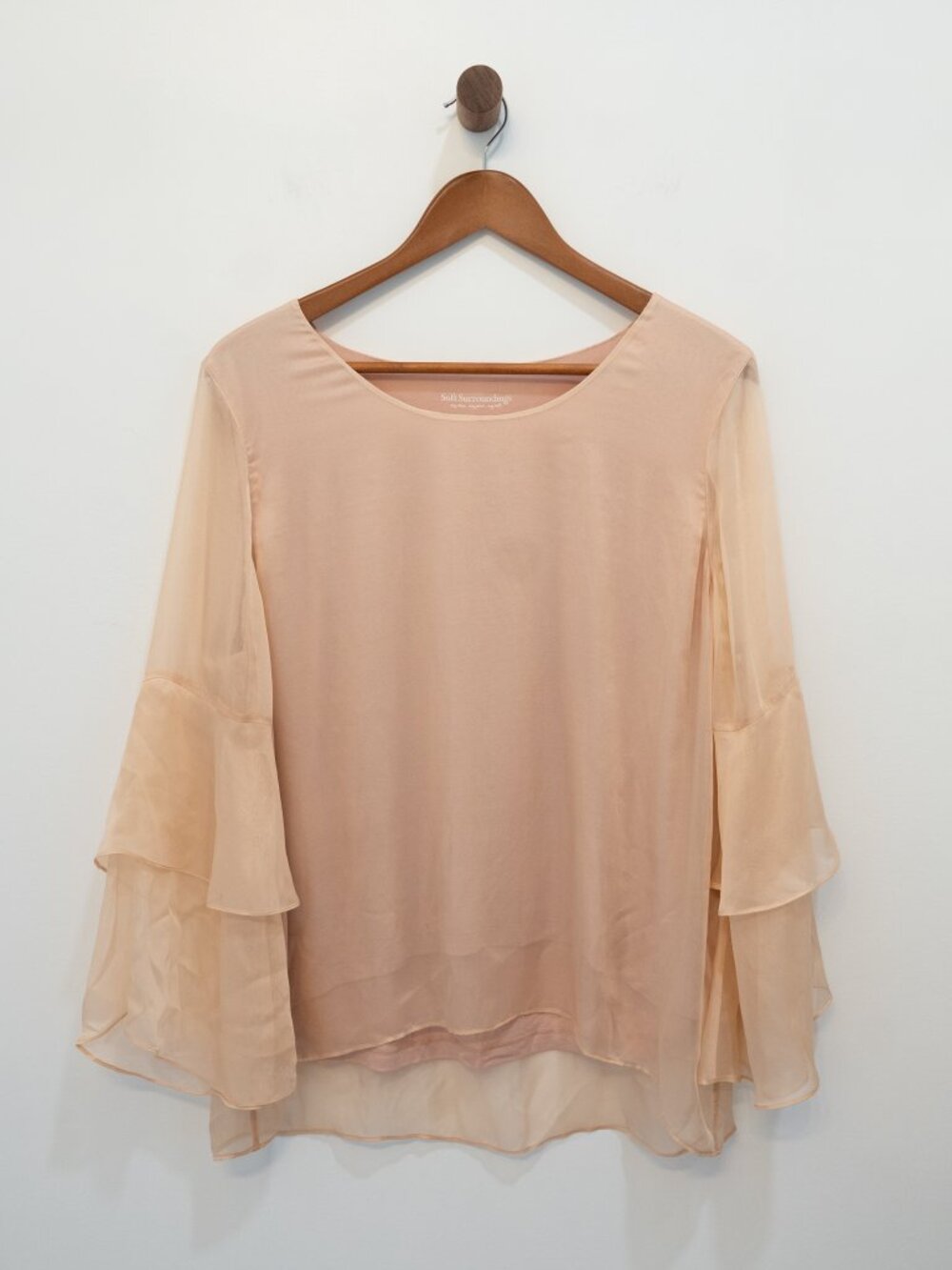 Soft Surroundings Silk Sheer Layered Ruffle Sleeve Top Blouse Peach Petite Large